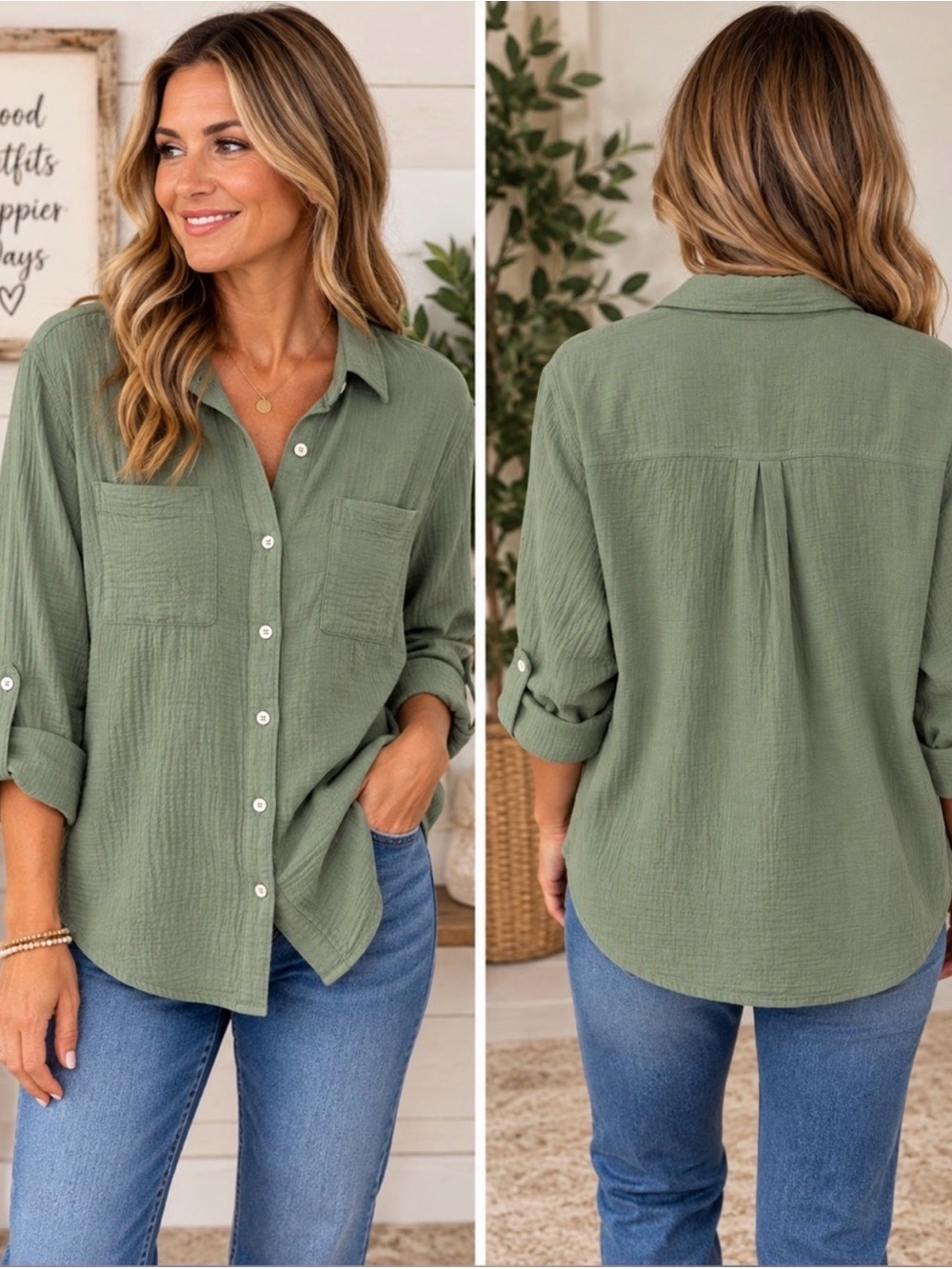 NWT-Size L - GAP Green Textured Button Down Shirt - Oversized